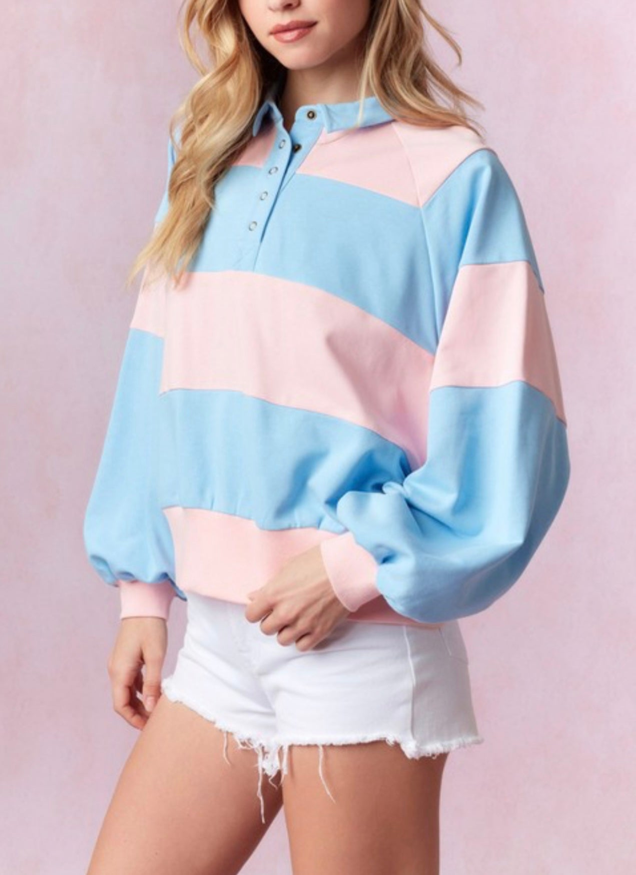 LONG SLEEVE SNAP BUTTON STRIPE PULLOVER SWEATSHIRT by Peach love