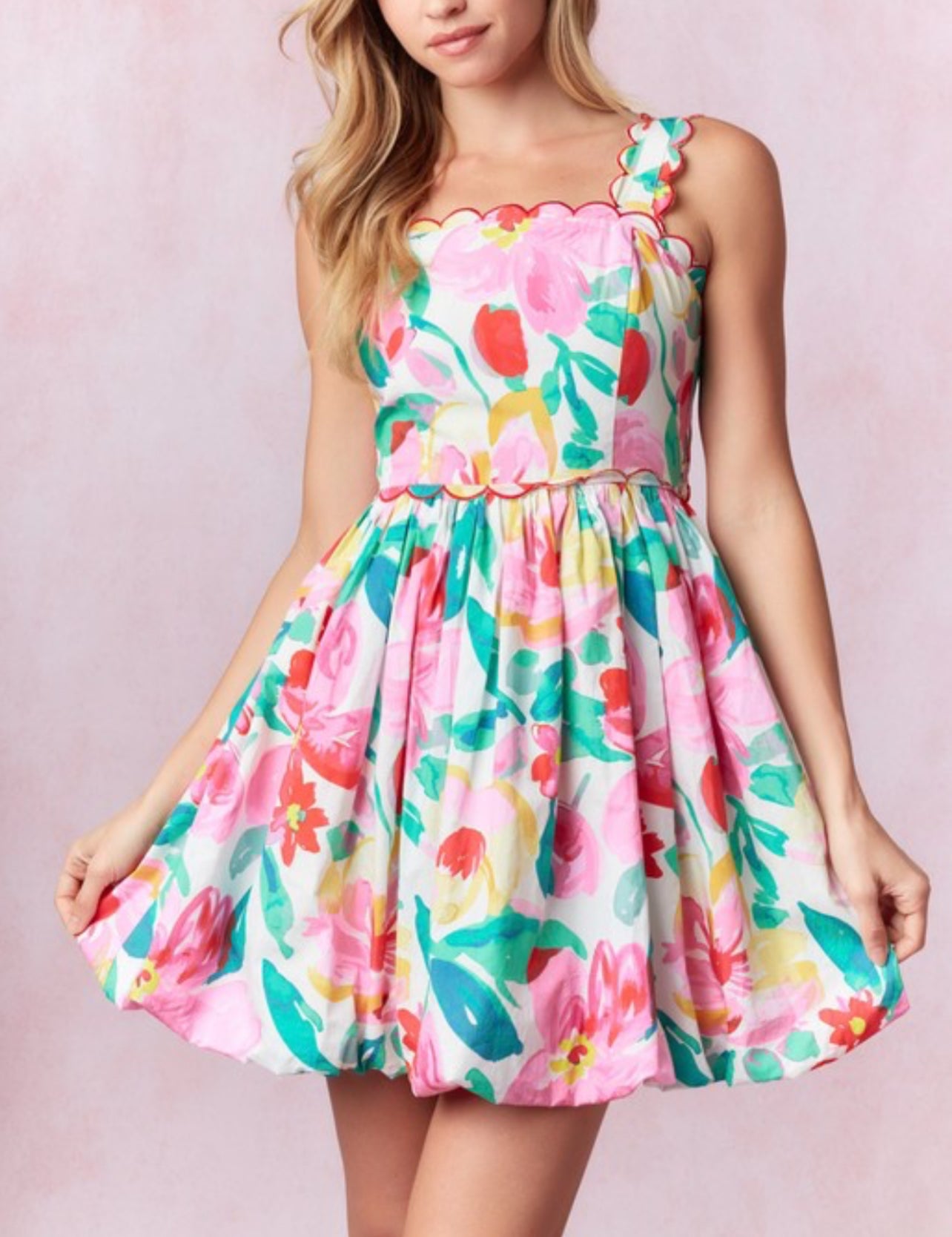 SCALLOPED FLORAL BUBBLE HEM MINI DRESS by Peach Love