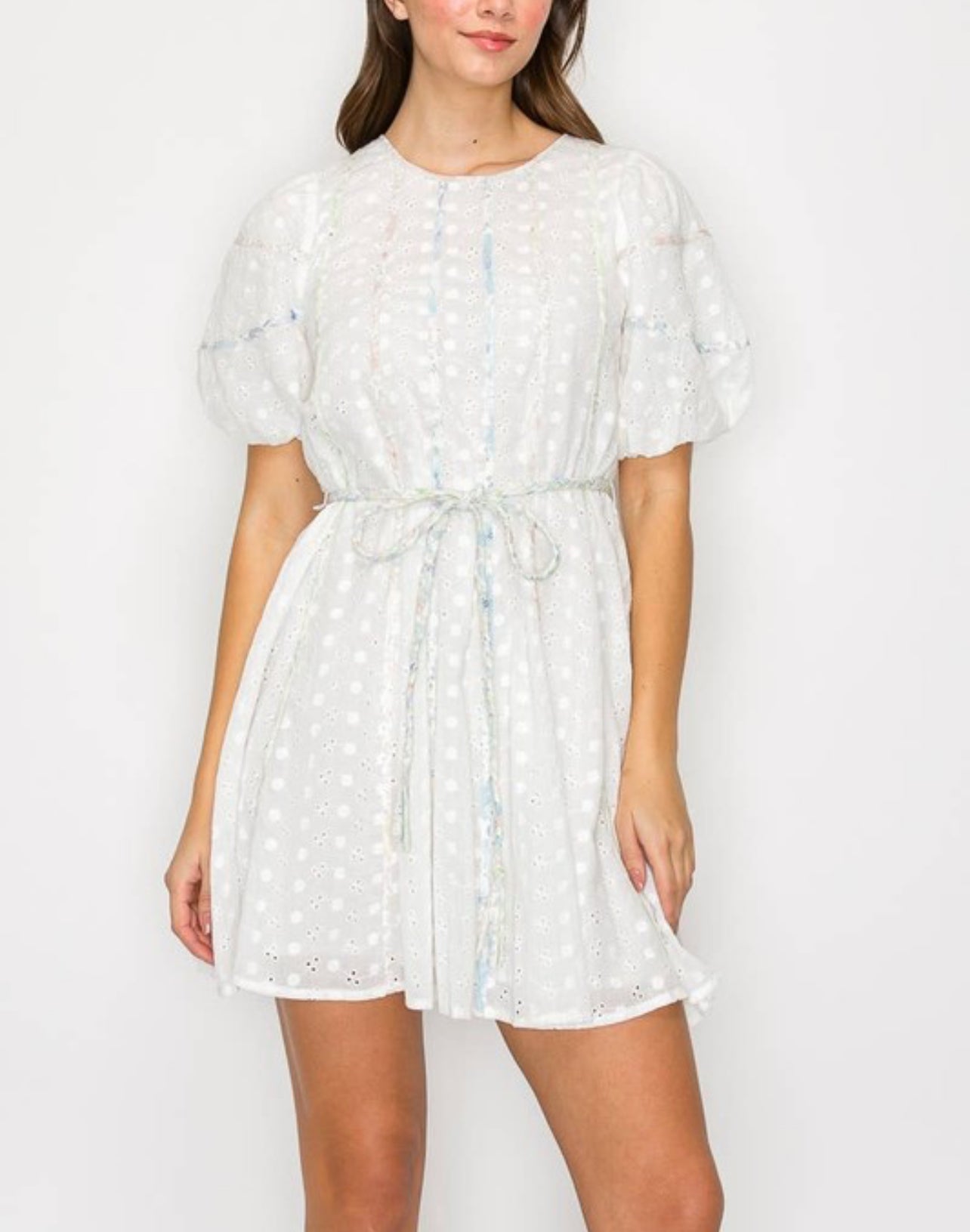 Cotton Eyelet Mini Dress with Print Staping Detail and Rope Belt by Love Wednesday