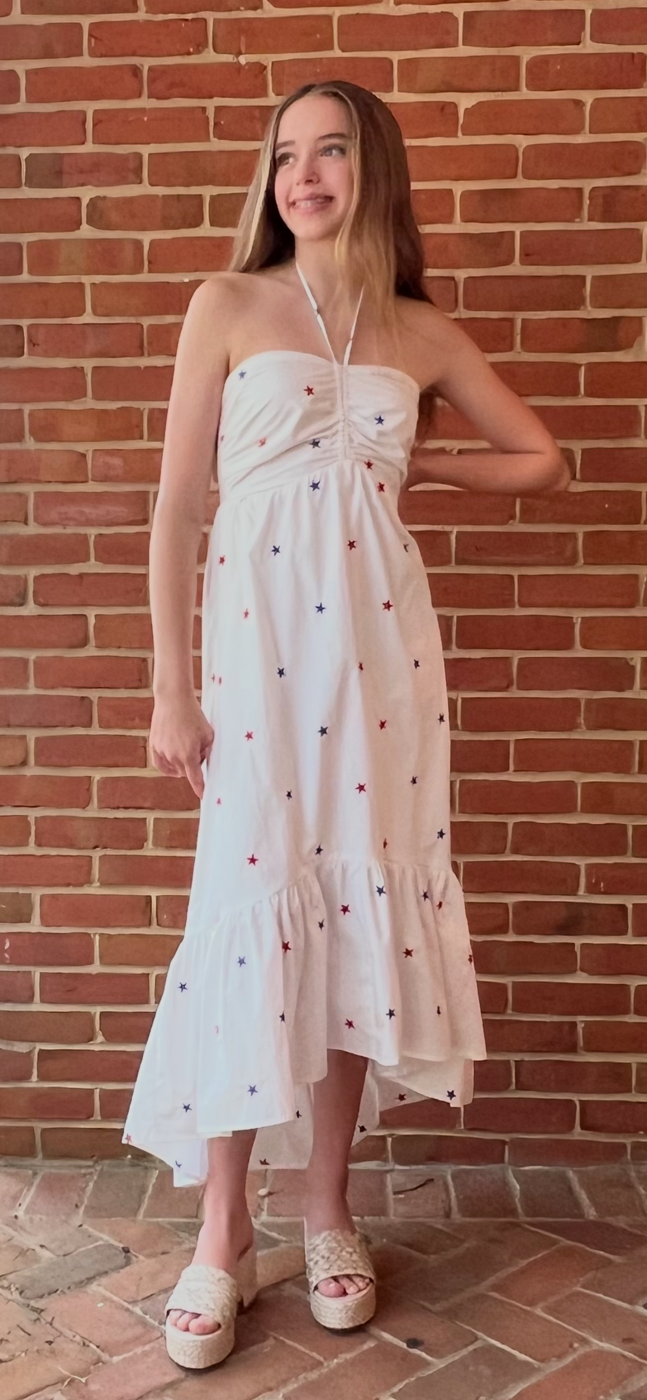 STAR EMBROIDERED HALTER MIDI DRESS WITH RUFFLE HEM by Day +Moon