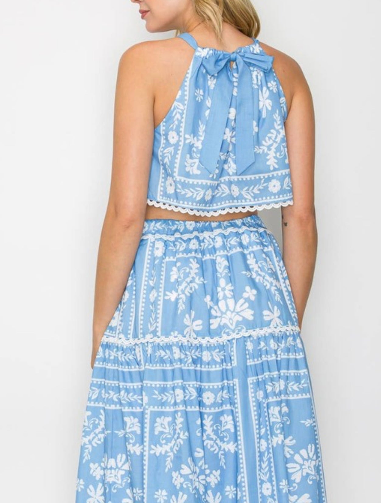Blue Placement Print Halter Top & Skirt Set by Love Wednesday