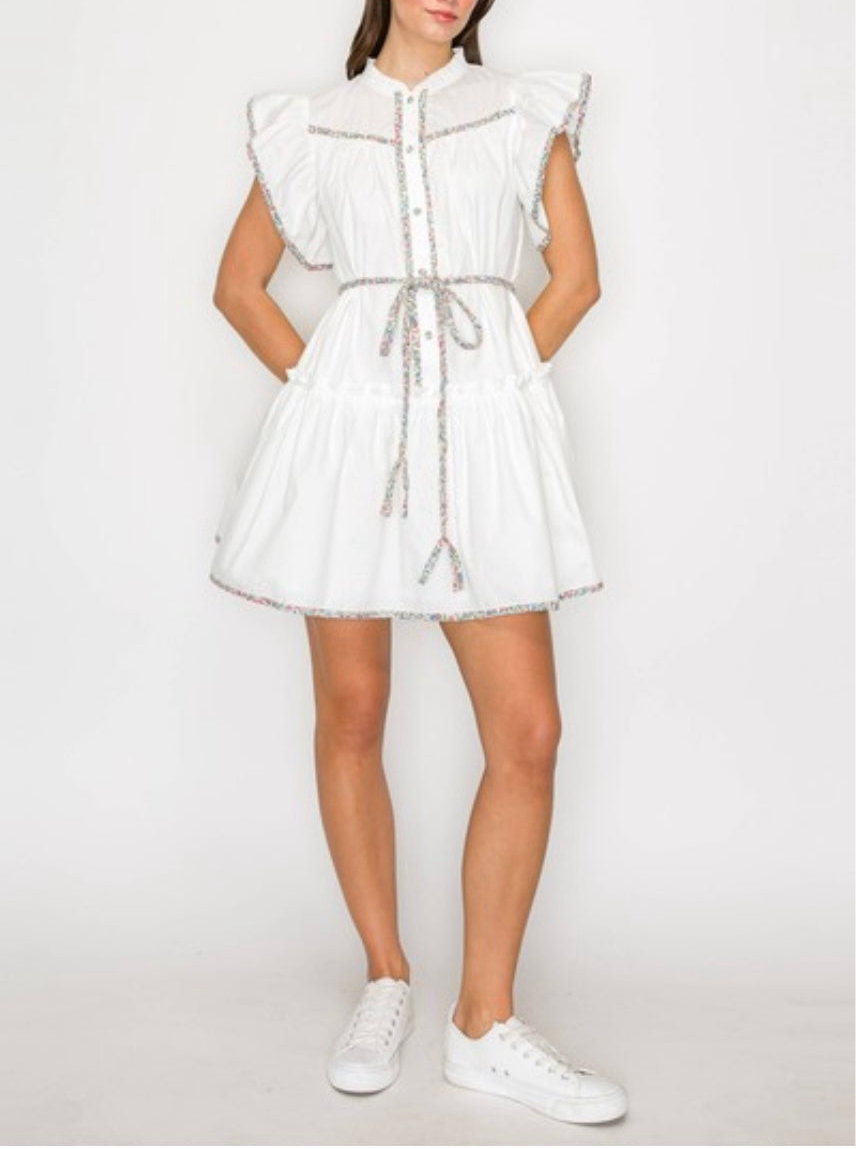 Cotton Mini Dress with Ruffle, Print Binding Detail by Love Wednesday