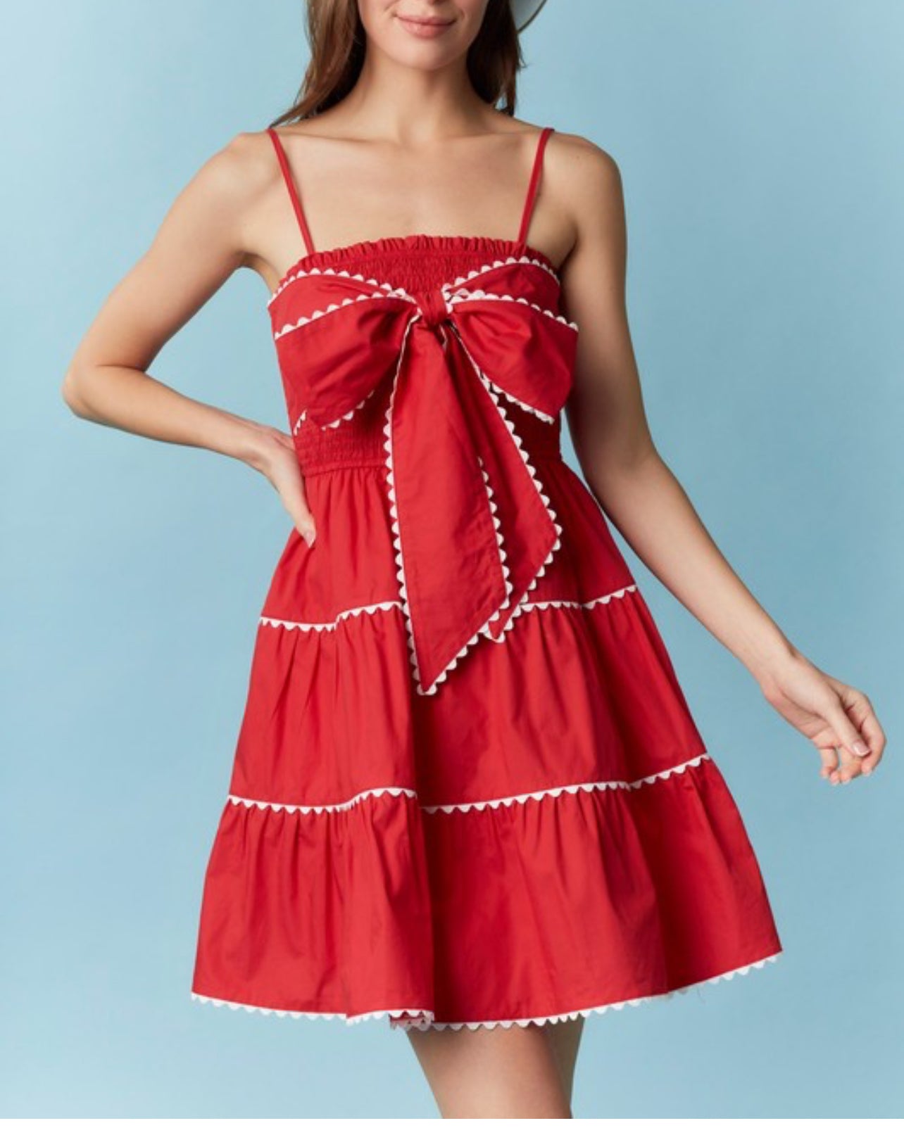 RED DRESS RIC RAC TRIM WITH FRONT BOW by Peach Love