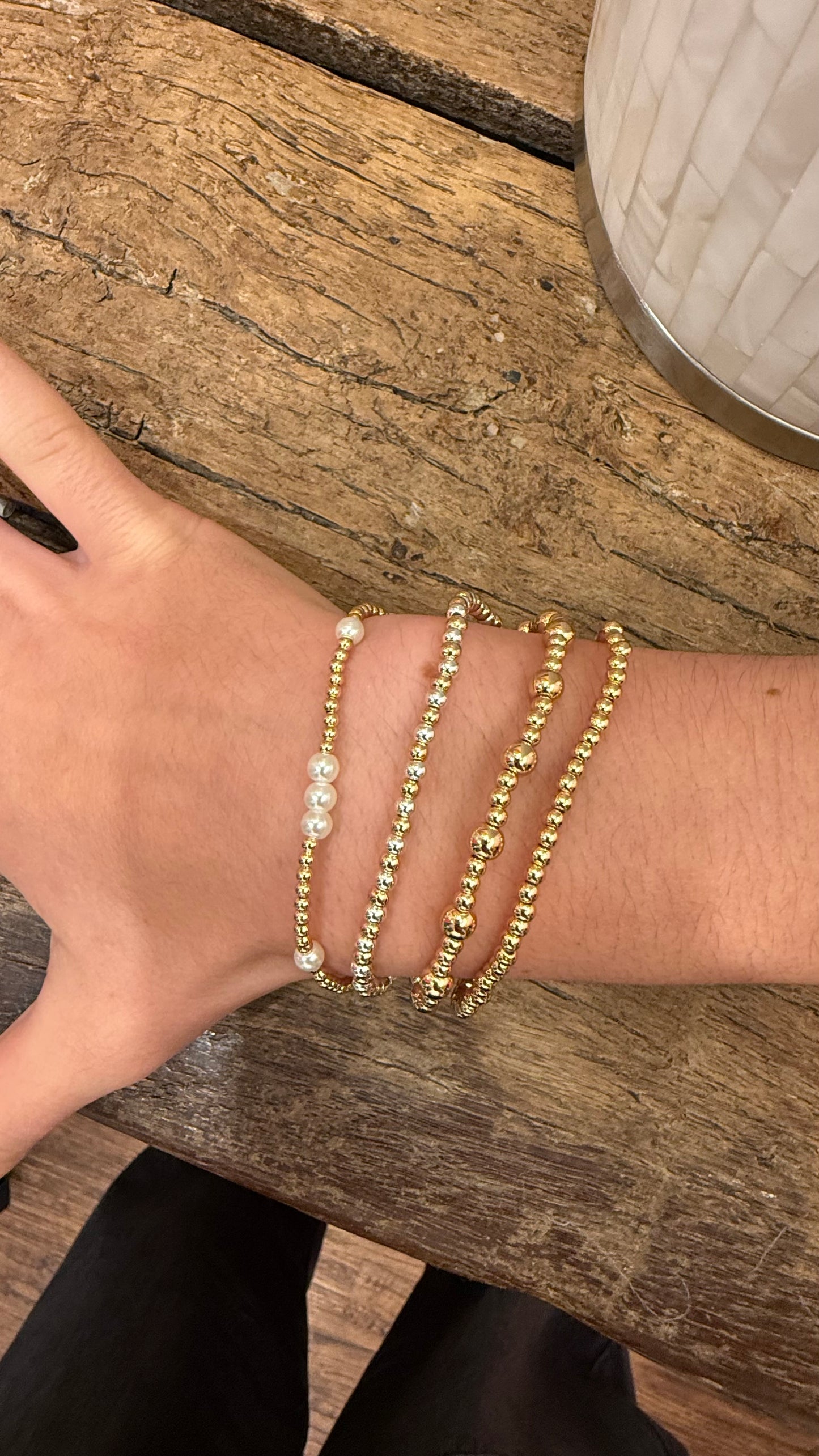 Gold and Silver 3mm Beaded Water Resistant Stretch Bracelet