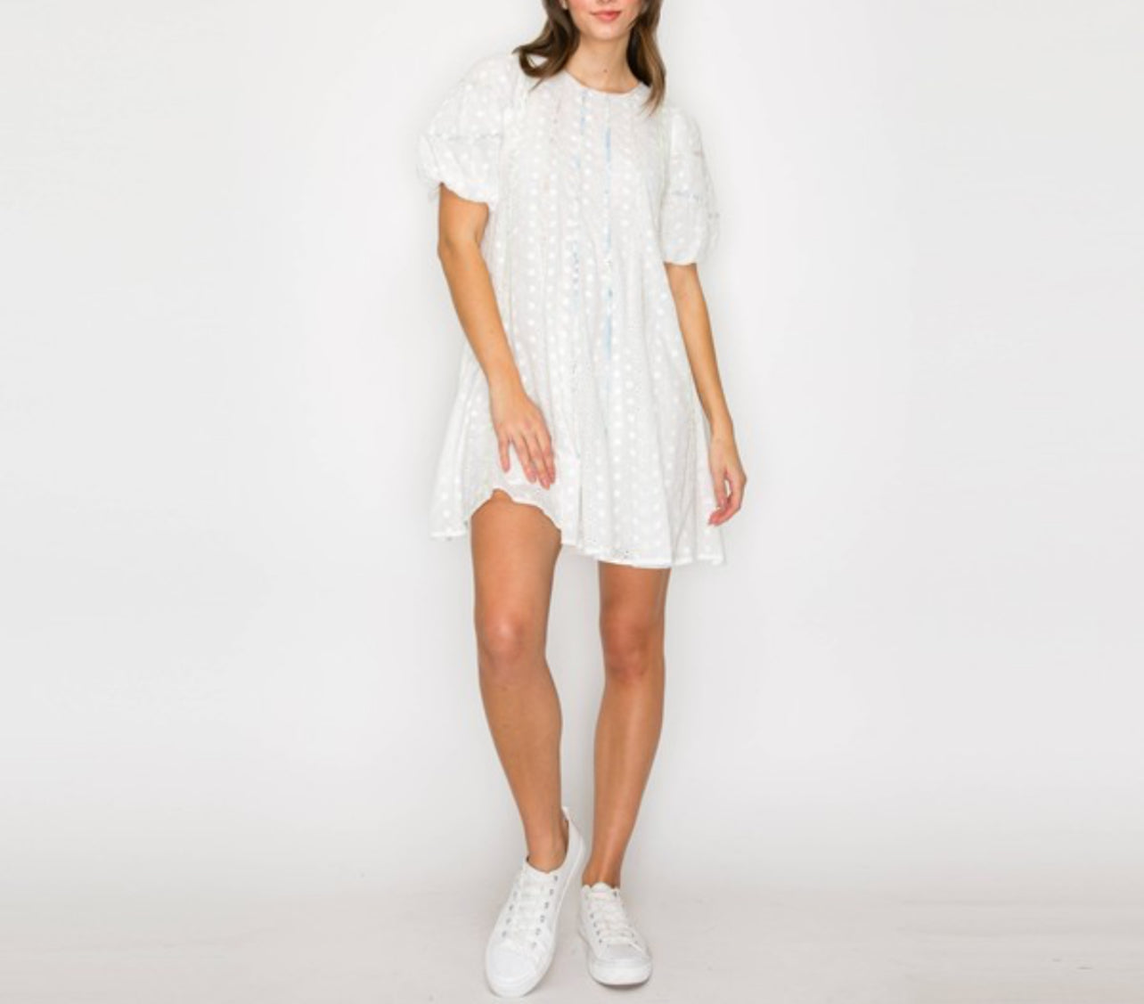 Cotton Eyelet Mini Dress with Print Staping Detail and Rope Belt by Love Wednesday