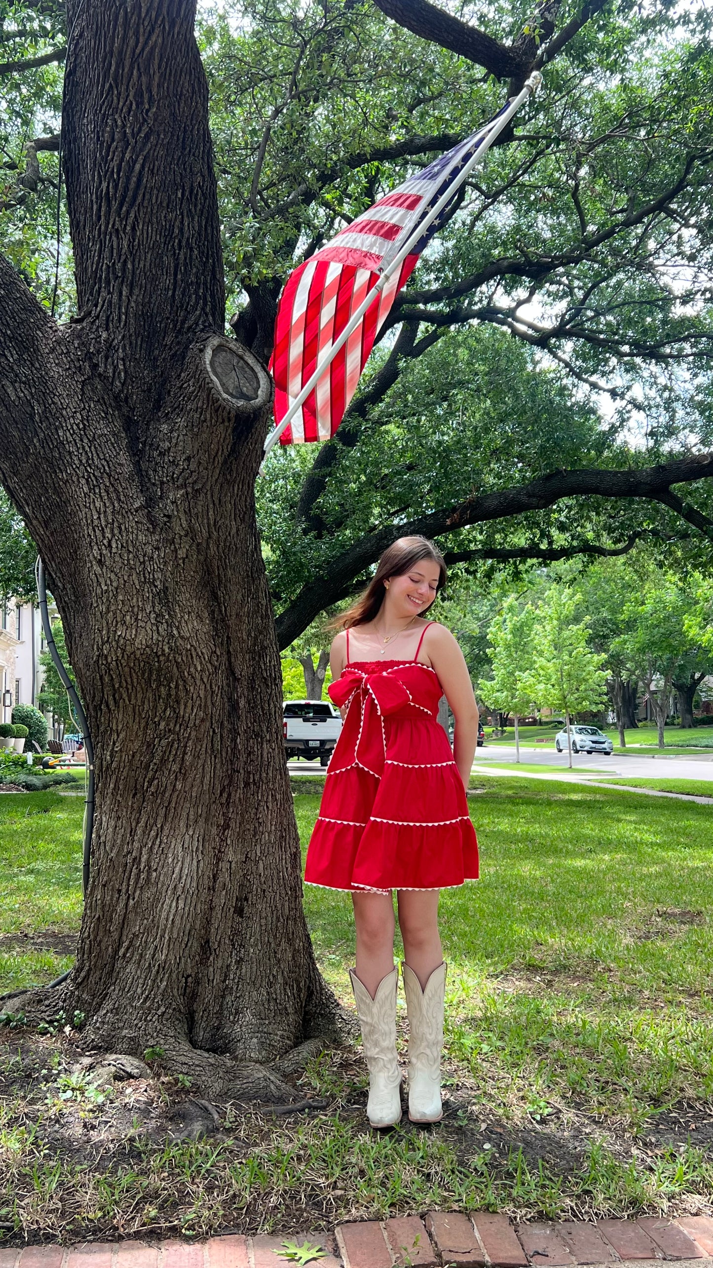 RED DRESS RIC RAC TRIM WITH FRONT BOW by Peach Love