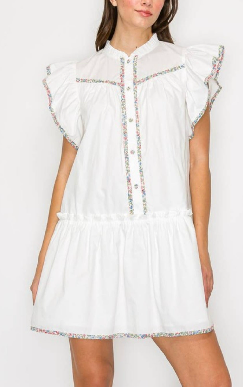 Cotton Mini Dress with Ruffle, Print Binding Detail by Love Wednesday