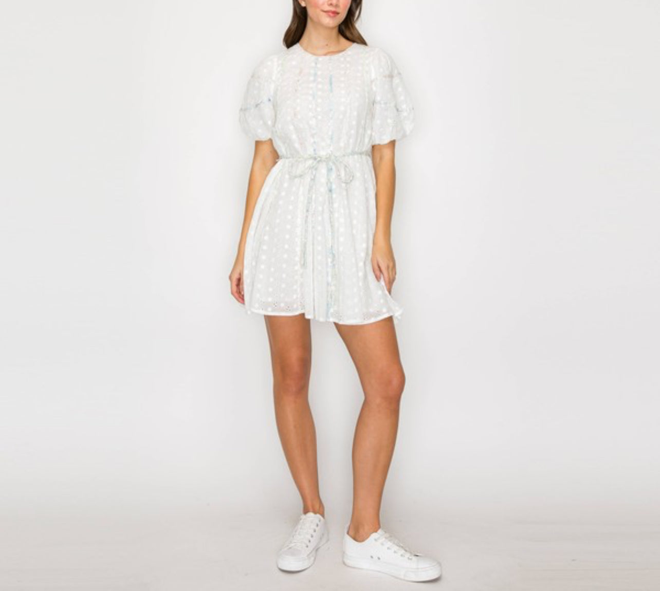 Cotton Eyelet Mini Dress with Print Staping Detail and Rope Belt by Love Wednesday