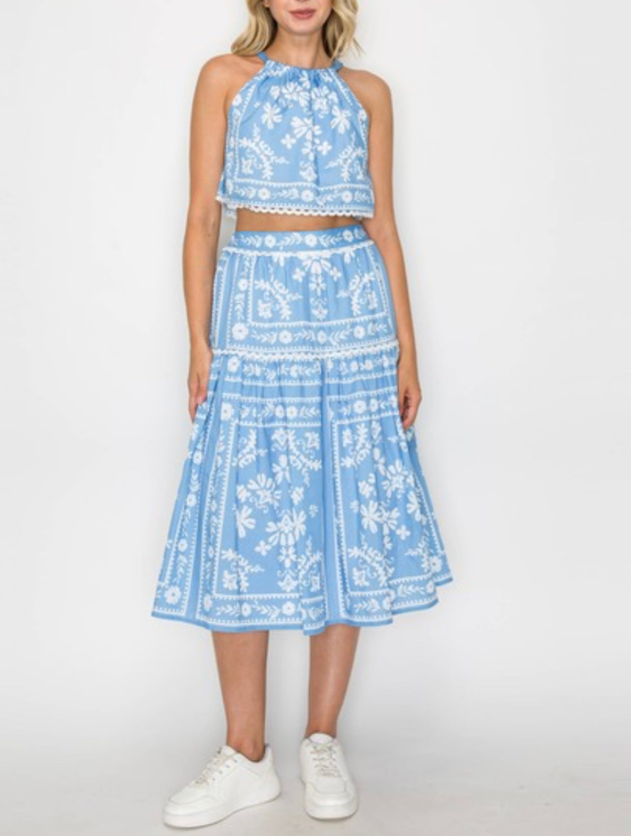Blue Placement Print Halter Top & Skirt Set by Love Wednesday