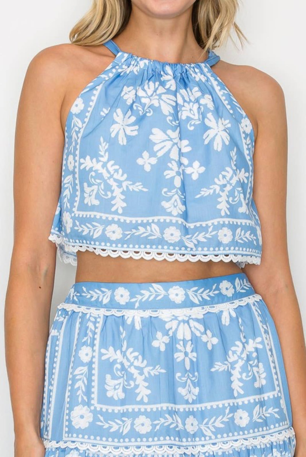 Blue Placement Print Halter Top & Skirt Set by Love Wednesday