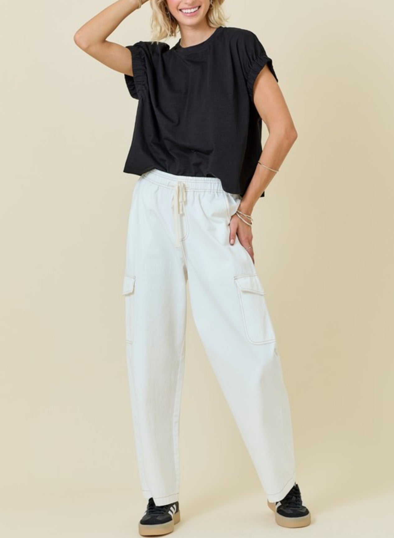 OFF WHITE WASHED DENIM CARGO PANTS WITH POCKET DETAILS by Day+Moon