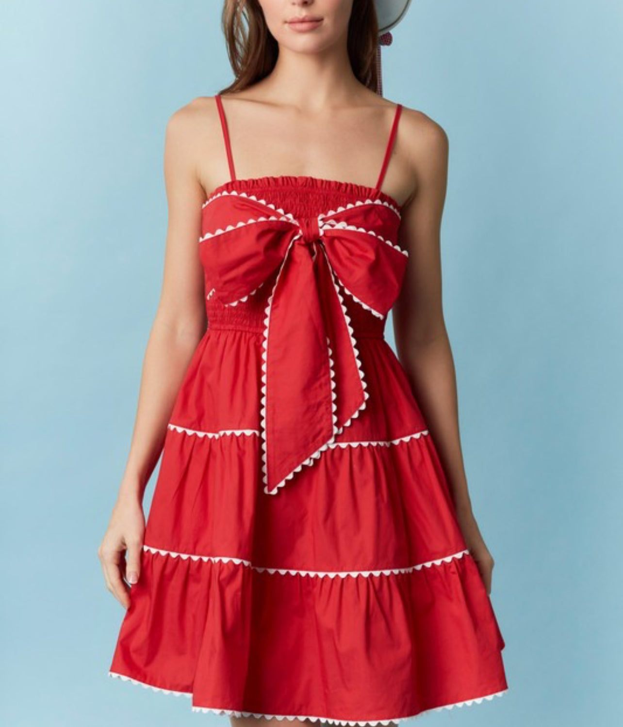 RED DRESS RIC RAC TRIM WITH FRONT BOW by Peach Love