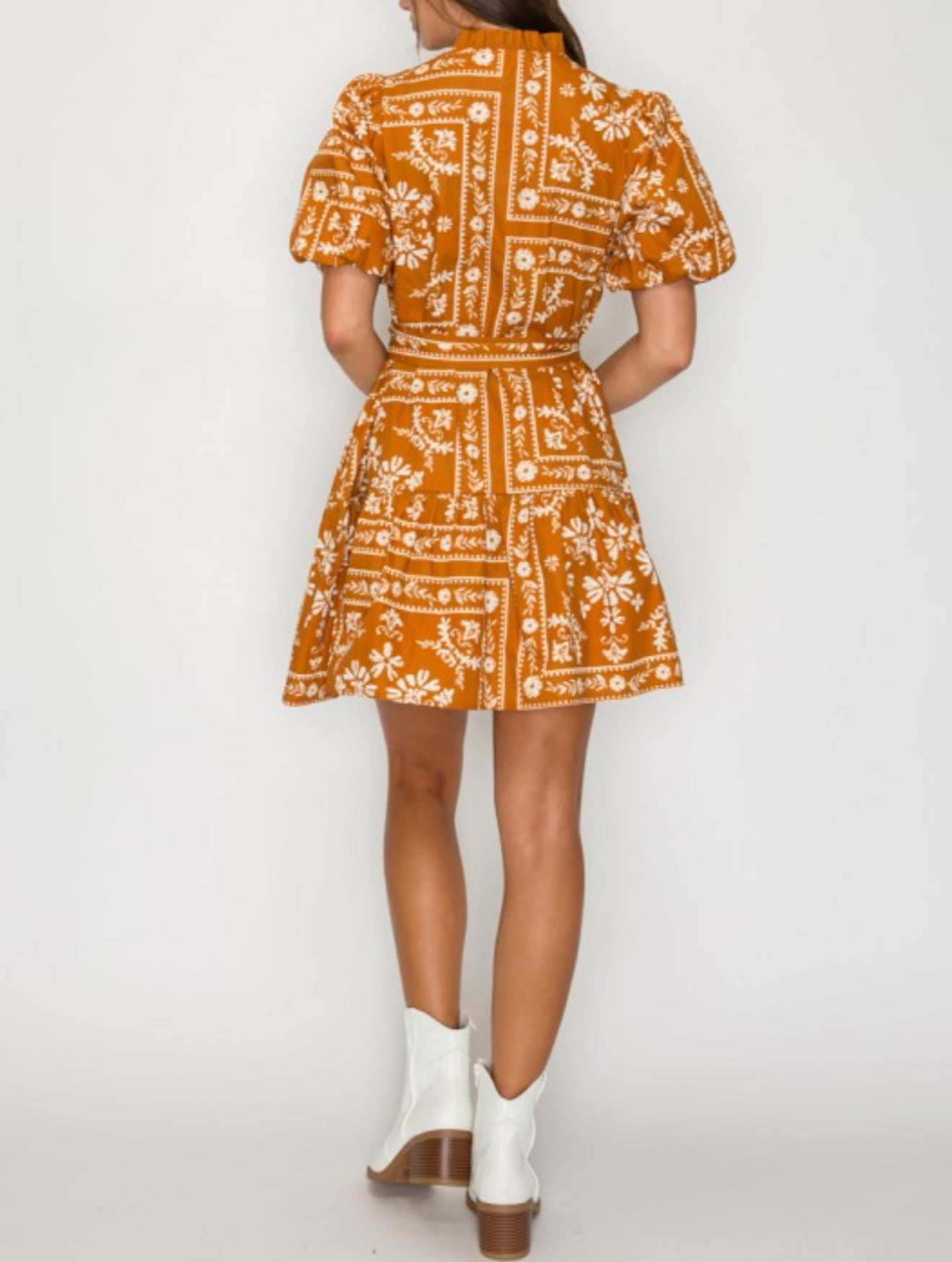 Burnt Orange Bandana Print Cotton Mini Dress