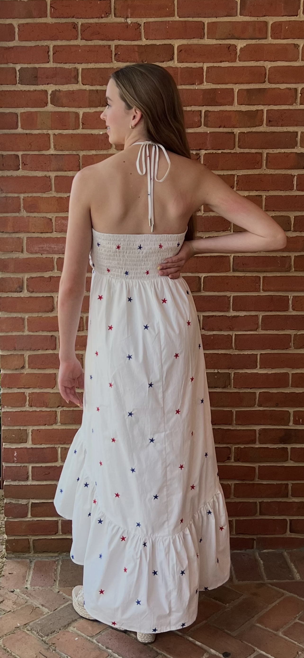 STAR EMBROIDERED HALTER MIDI DRESS WITH RUFFLE HEM by Day +Moon