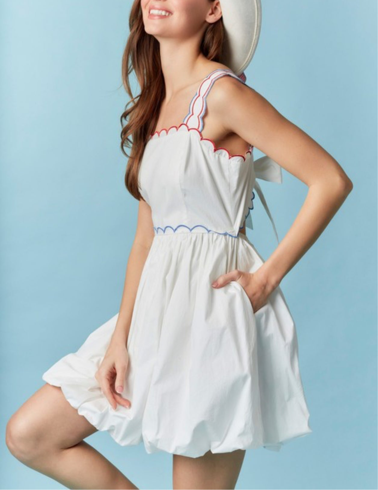 COTTON POPLIN SCALLOPED BUBBLE HEM MINI DRESS by Peach Love