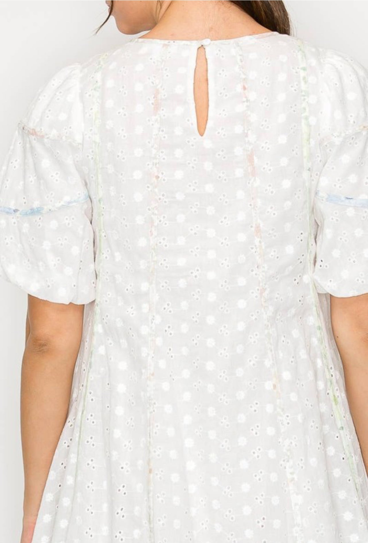 Cotton Eyelet Mini Dress with Print Staping Detail and Rope Belt by Love Wednesday