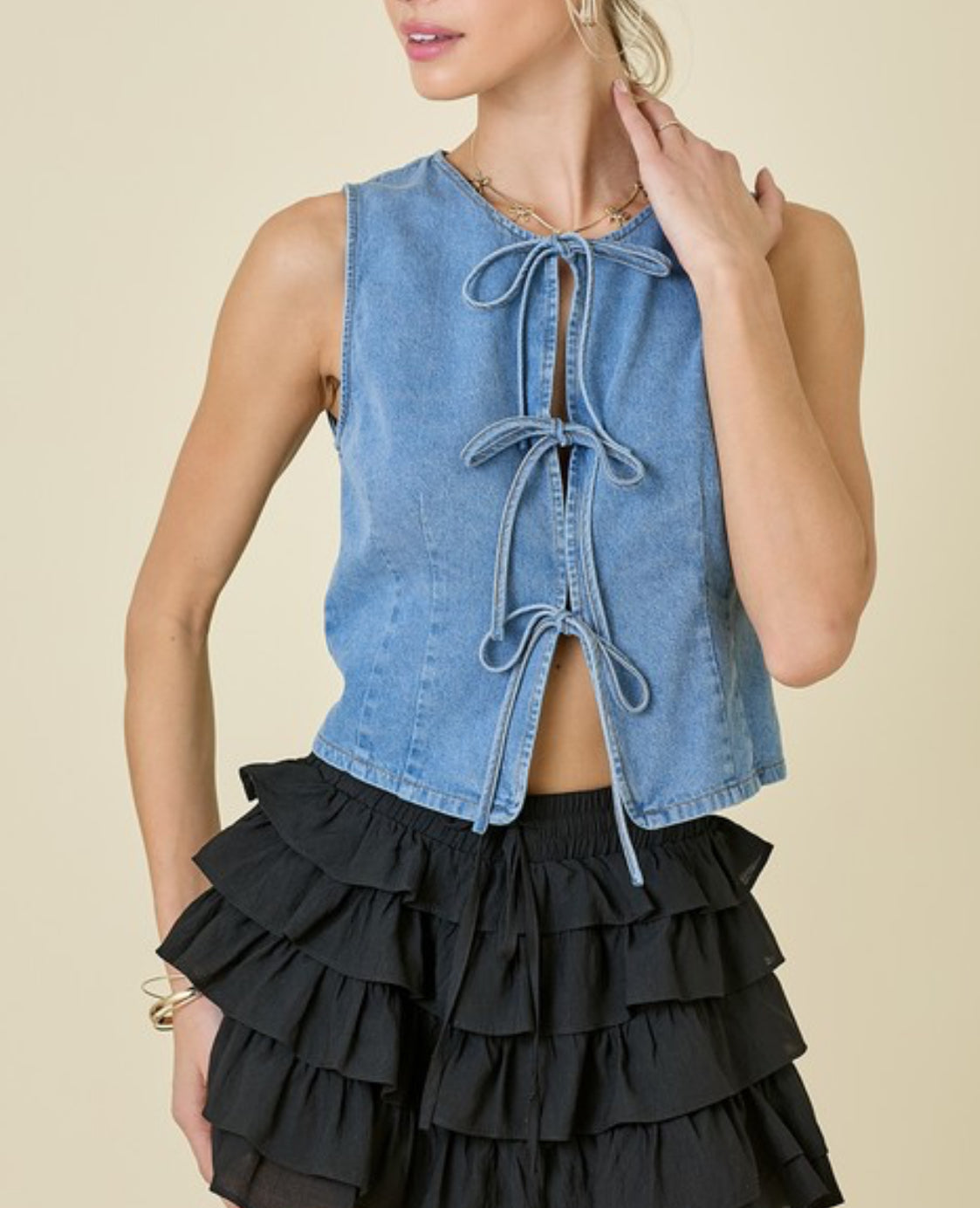 Denim Vest with Front Ties by Day + Moon