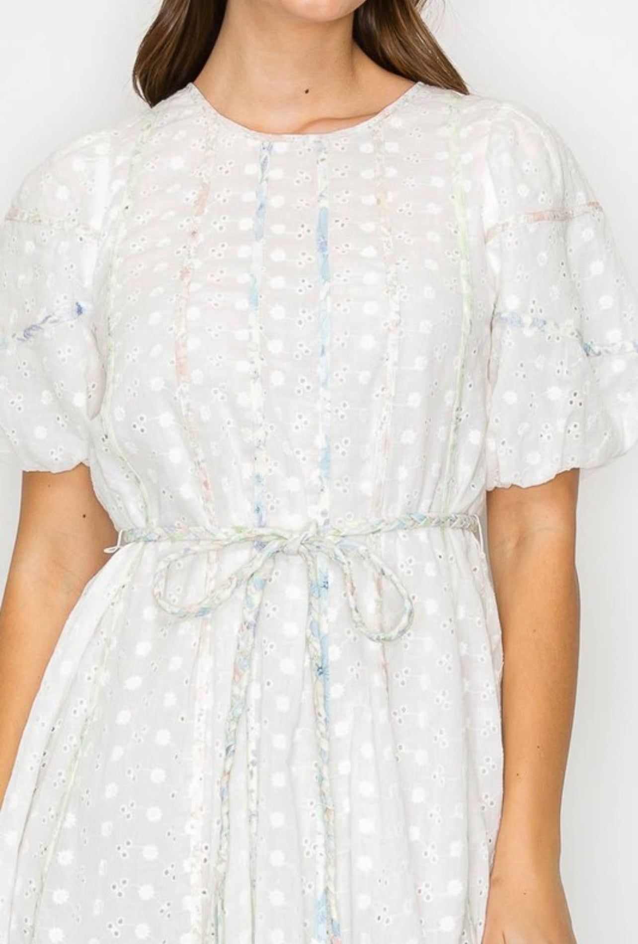 Cotton Eyelet Mini Dress with Print Staping Detail and Rope Belt by Love Wednesday
