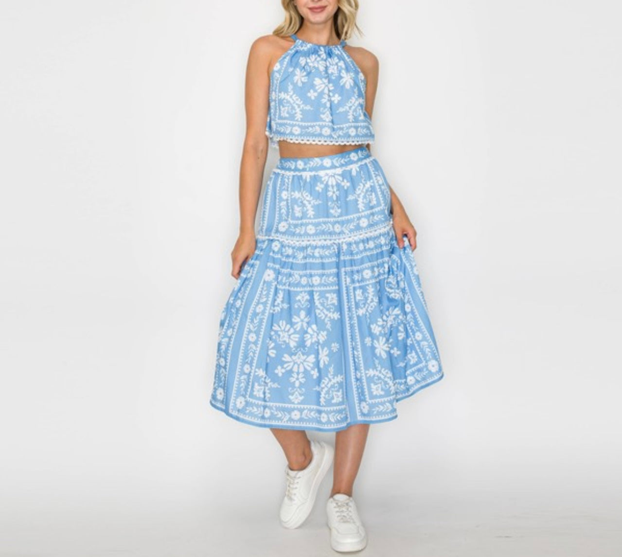Blue Placement Print Halter Top & Skirt Set by Love Wednesday