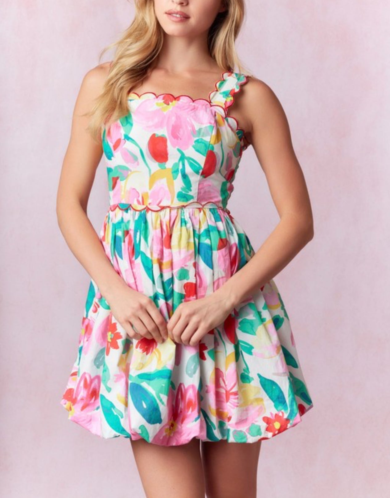 SCALLOPED FLORAL BUBBLE HEM MINI DRESS by Peach Love