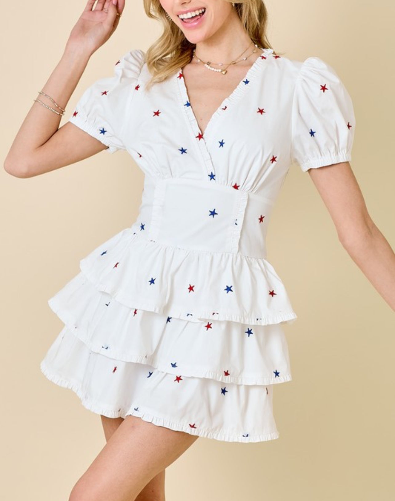 STAR EMBROIDERED TIERED RUFFLE ROMPER DRESS by Day+Moon