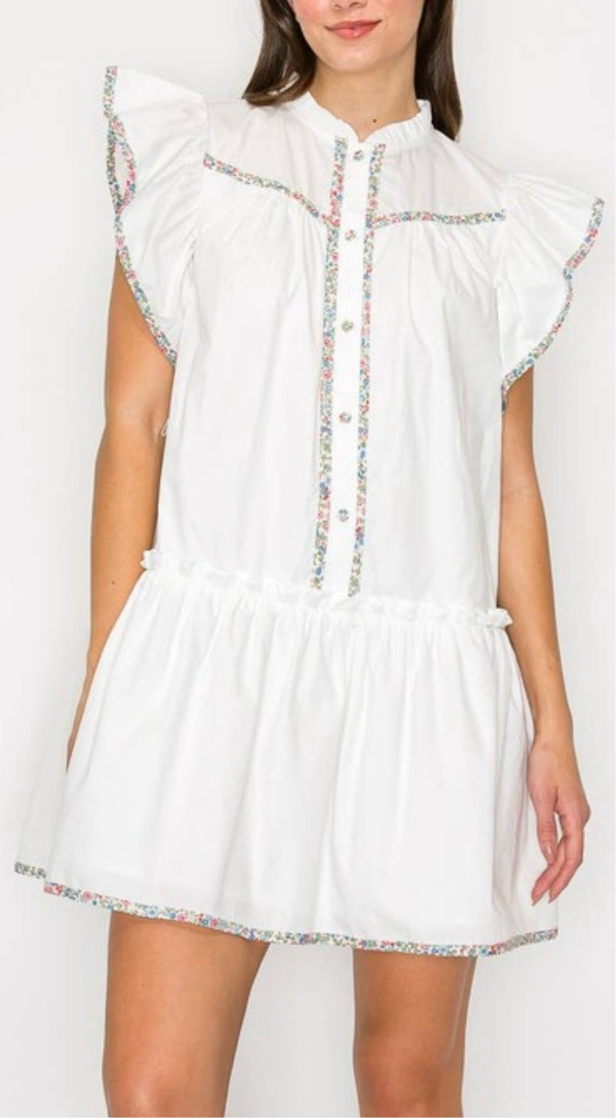 Cotton Mini Dress with Ruffle, Print Binding Detail by Love Wednesday