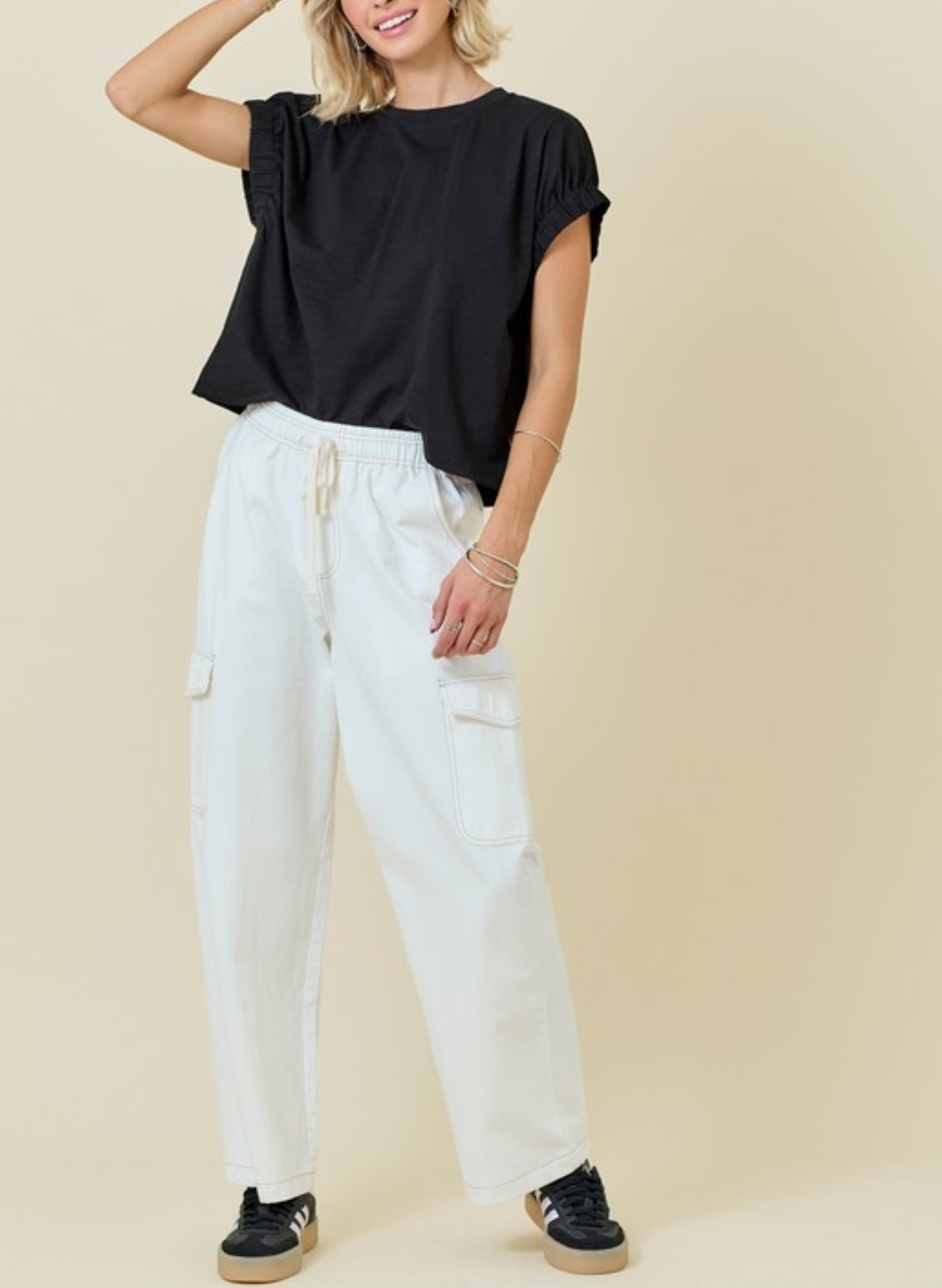 OFF WHITE WASHED DENIM CARGO PANTS WITH POCKET DETAILS by Day+Moon