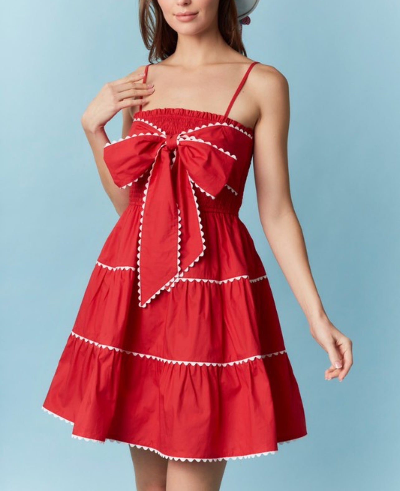 RED DRESS RIC RAC TRIM WITH FRONT BOW by Peach Love