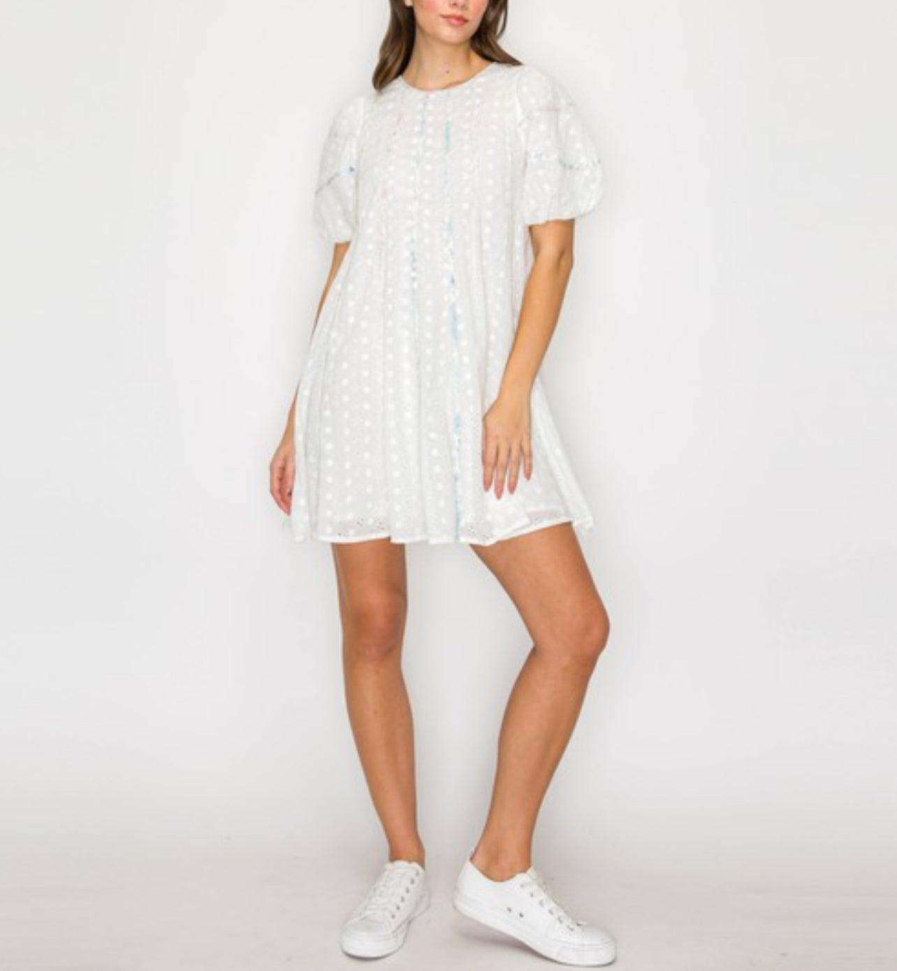Cotton Eyelet Mini Dress with Print Staping Detail and Rope Belt by Love Wednesday
