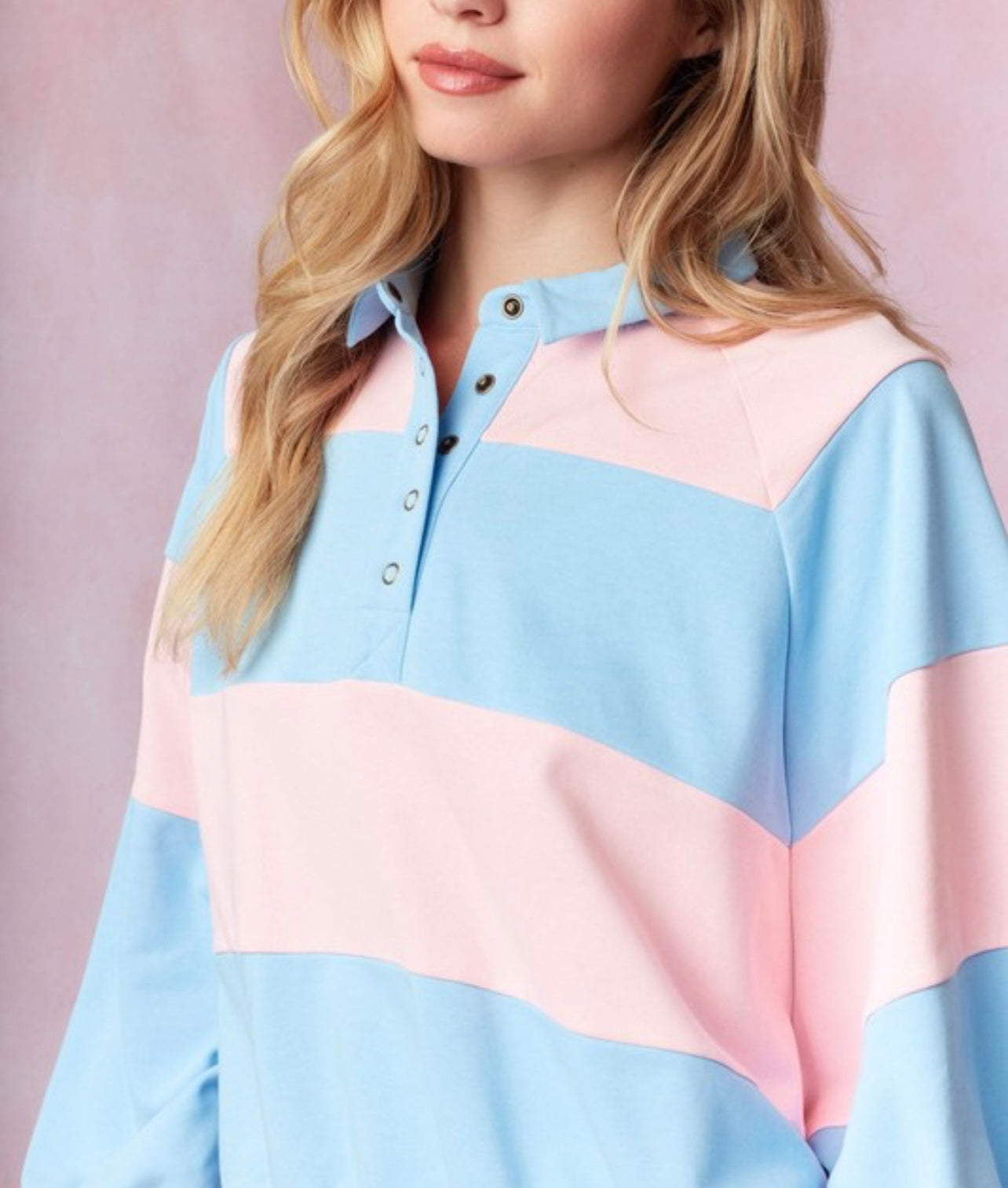 LONG SLEEVE SNAP BUTTON STRIPE PULLOVER SWEATSHIRT by Peach love