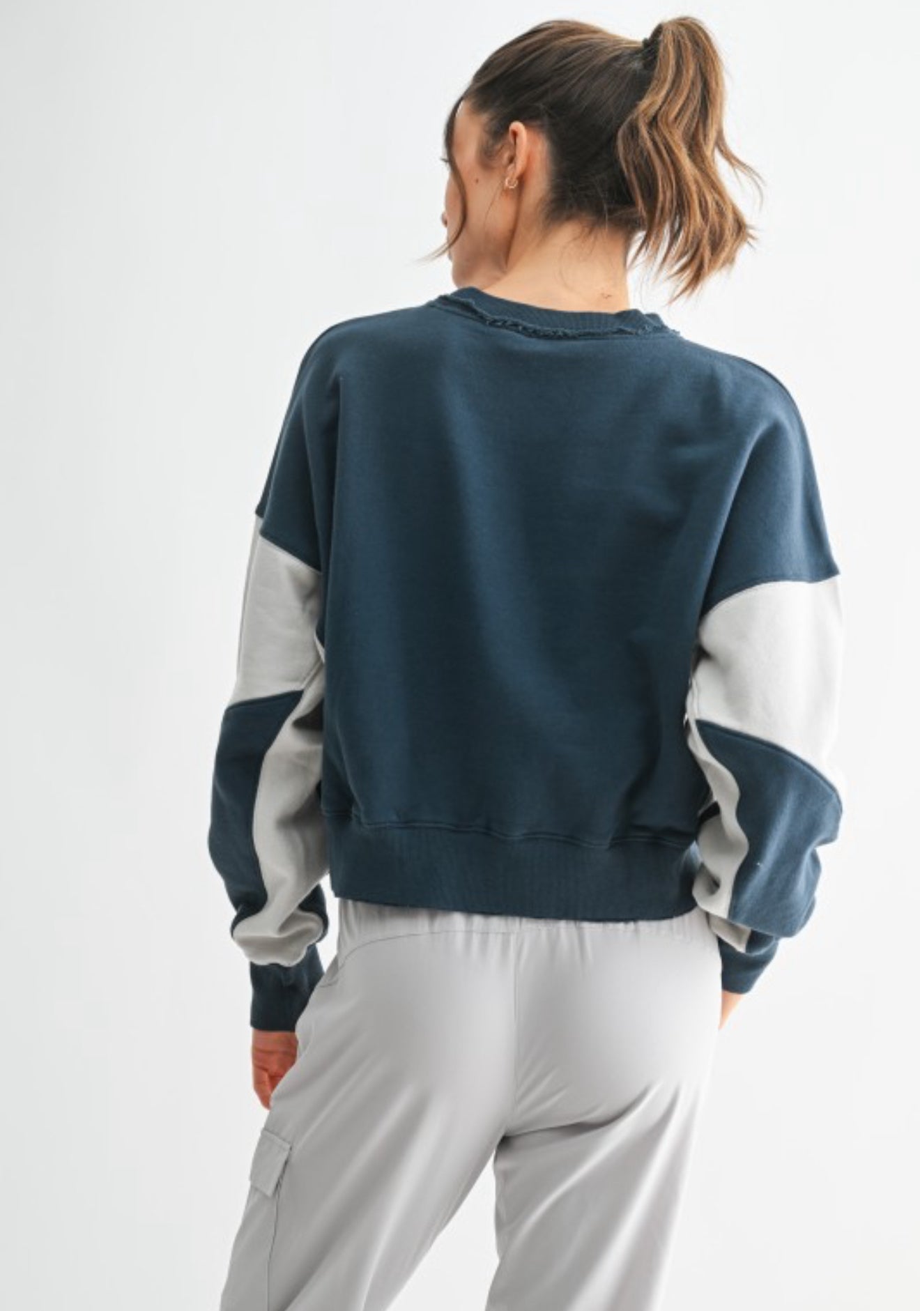 Back view of casual crewneck sweatshirt in midnight and pale gray