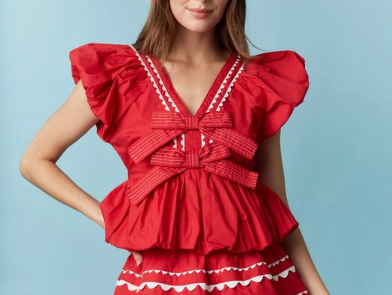 COTTON POPLIN RIC RAC TRIM DETAIL BUBBLE HEM CROP TOP WITH BOWS by Peach Love