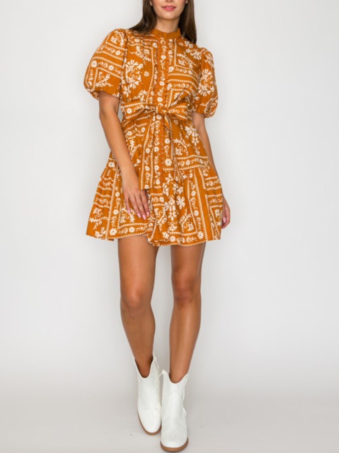 Burnt Orange Bandana Print Cotton Mini Dress