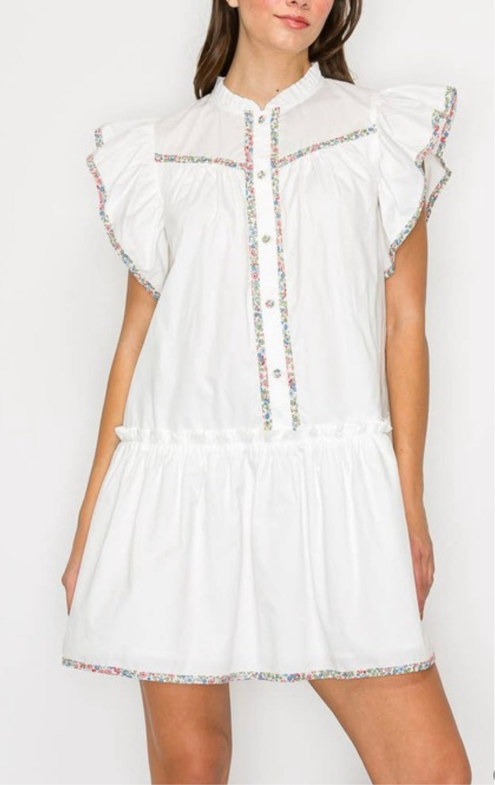 Cotton Mini Dress with Ruffle, Print Binding Detail by Love Wednesday