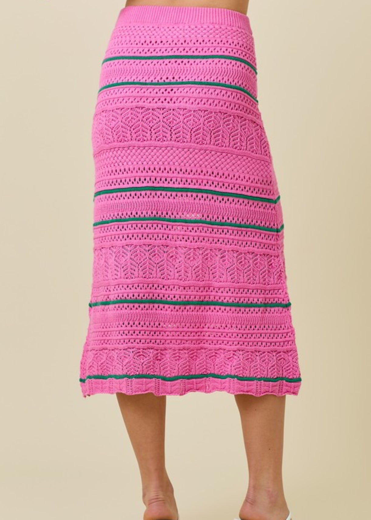 PINK SWEATER MIDI SKIRT WITH CONTRASTING STRIPES by Day +Moon