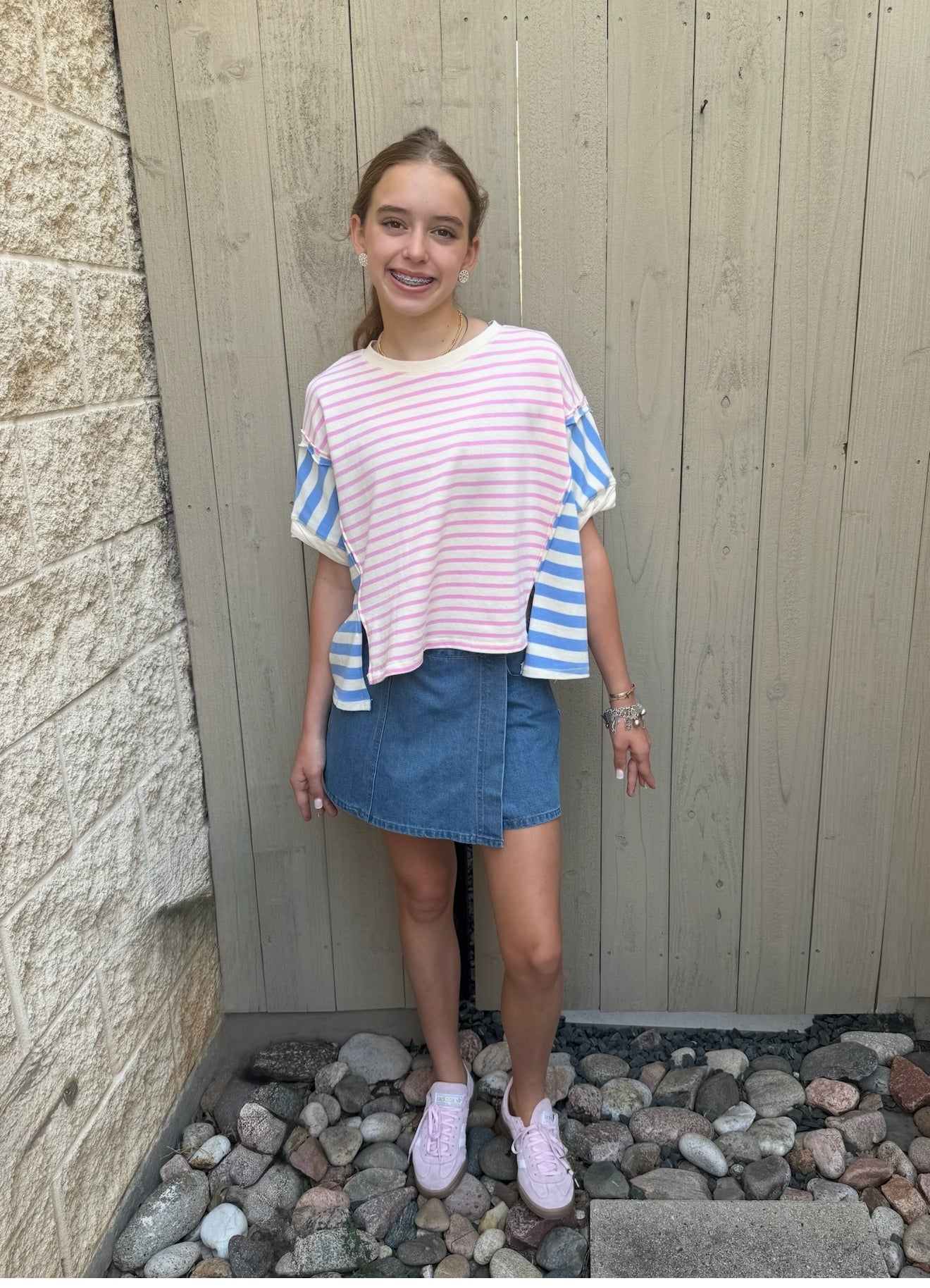 Pink and Light Blue Striped Color Block Thick Tee by Peach Love