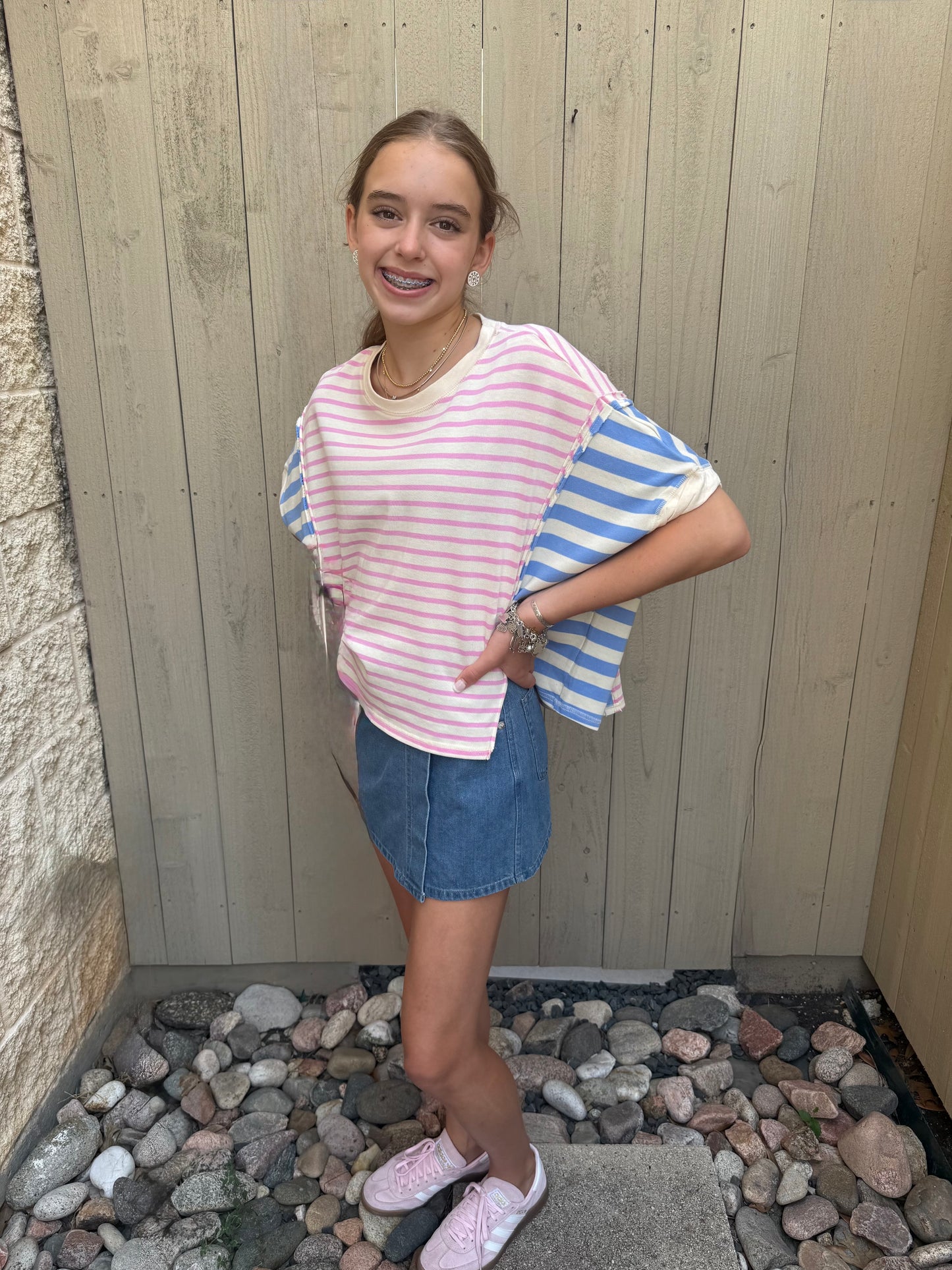 Pink and Light Blue Striped Color Block Thick Tee by Peach Love