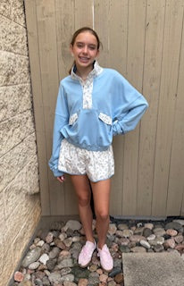 Dusty Blue French Terry with Ditsy Flower Print Semi Button Up Top by Peach Love