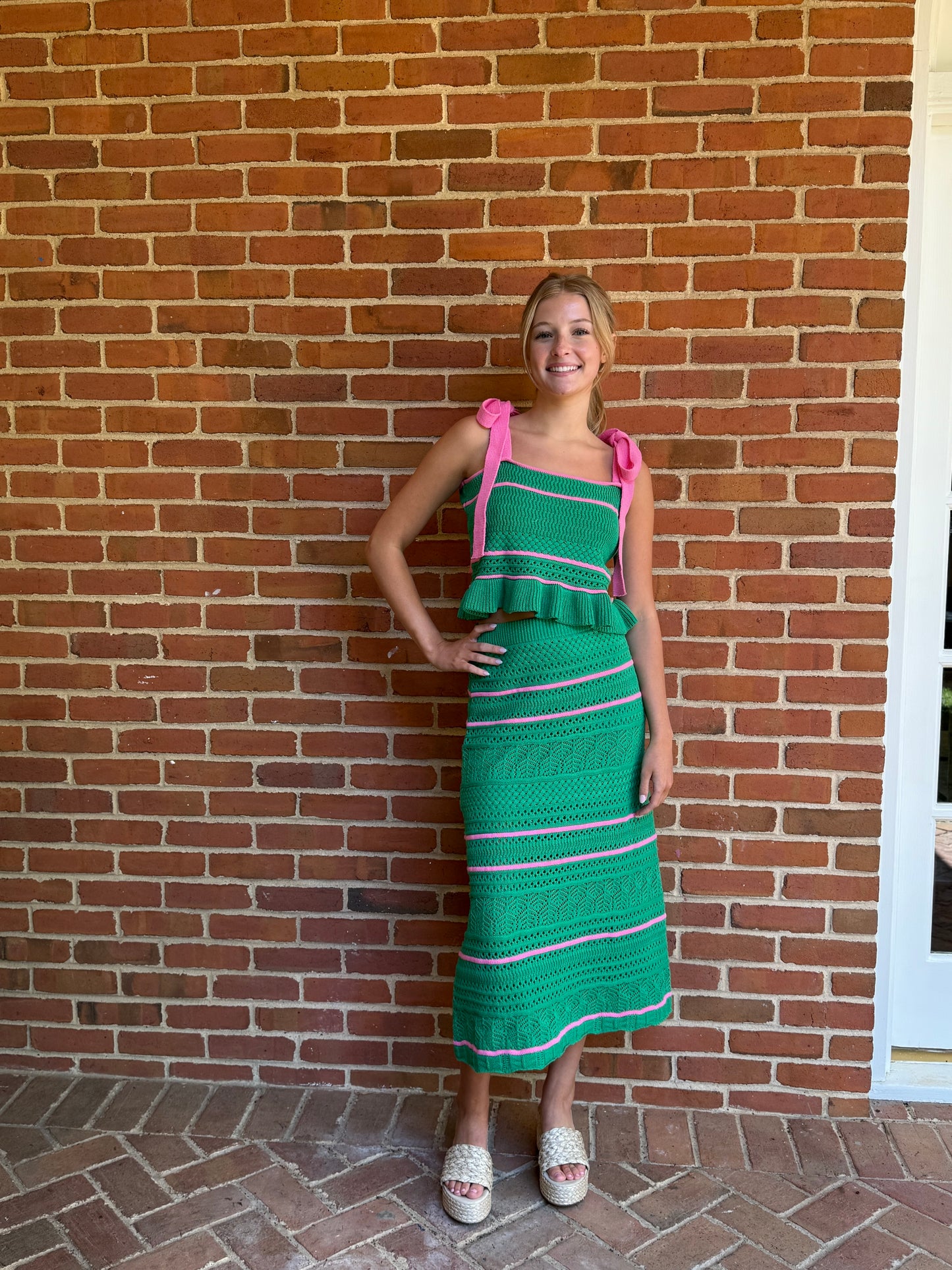 GREEN SWEATER MIDI SKIRT WITH CONTRASTING STRIPES by Day + Moon