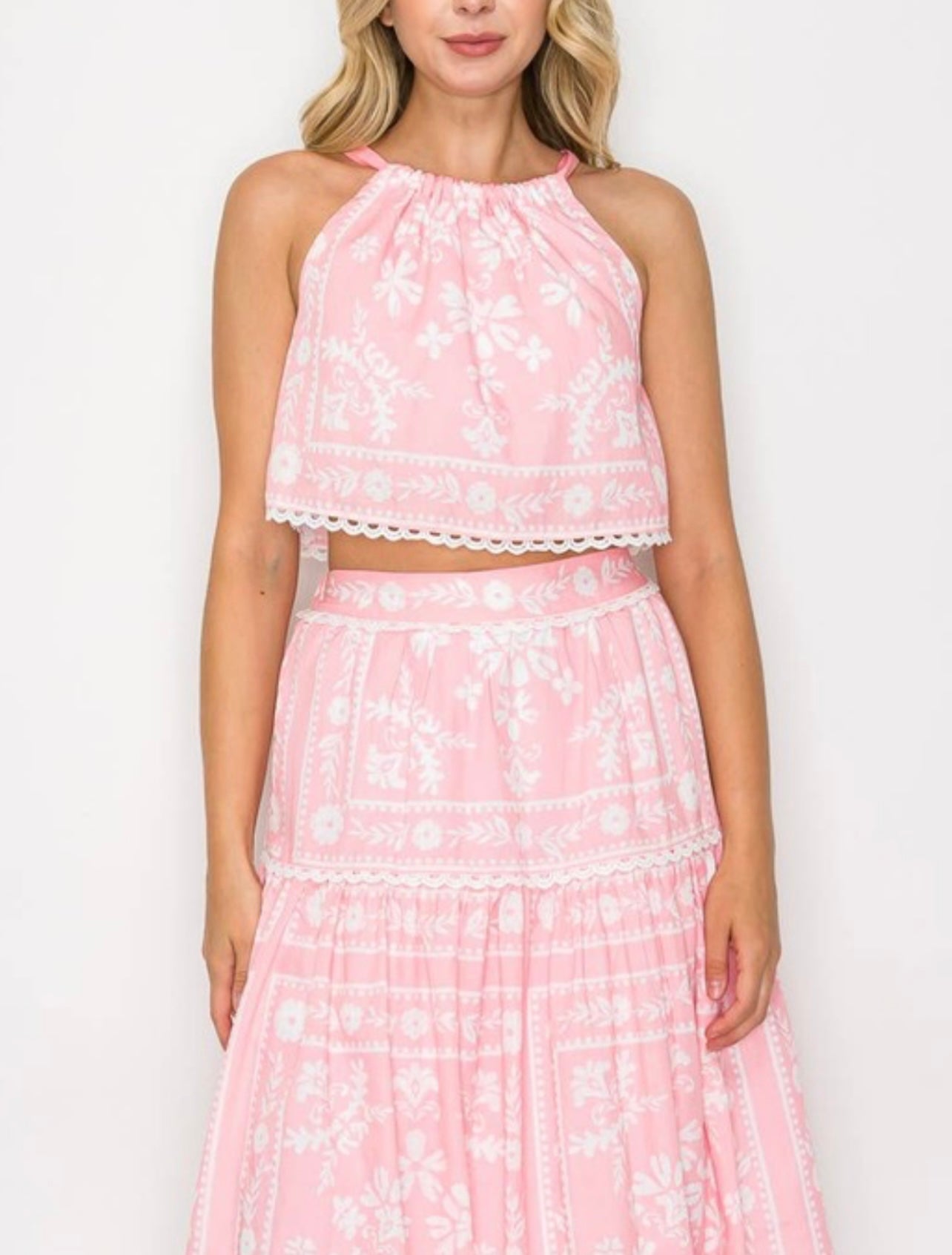 Pink Placement Print Halter Top and Skirt Set by Love Wednesday