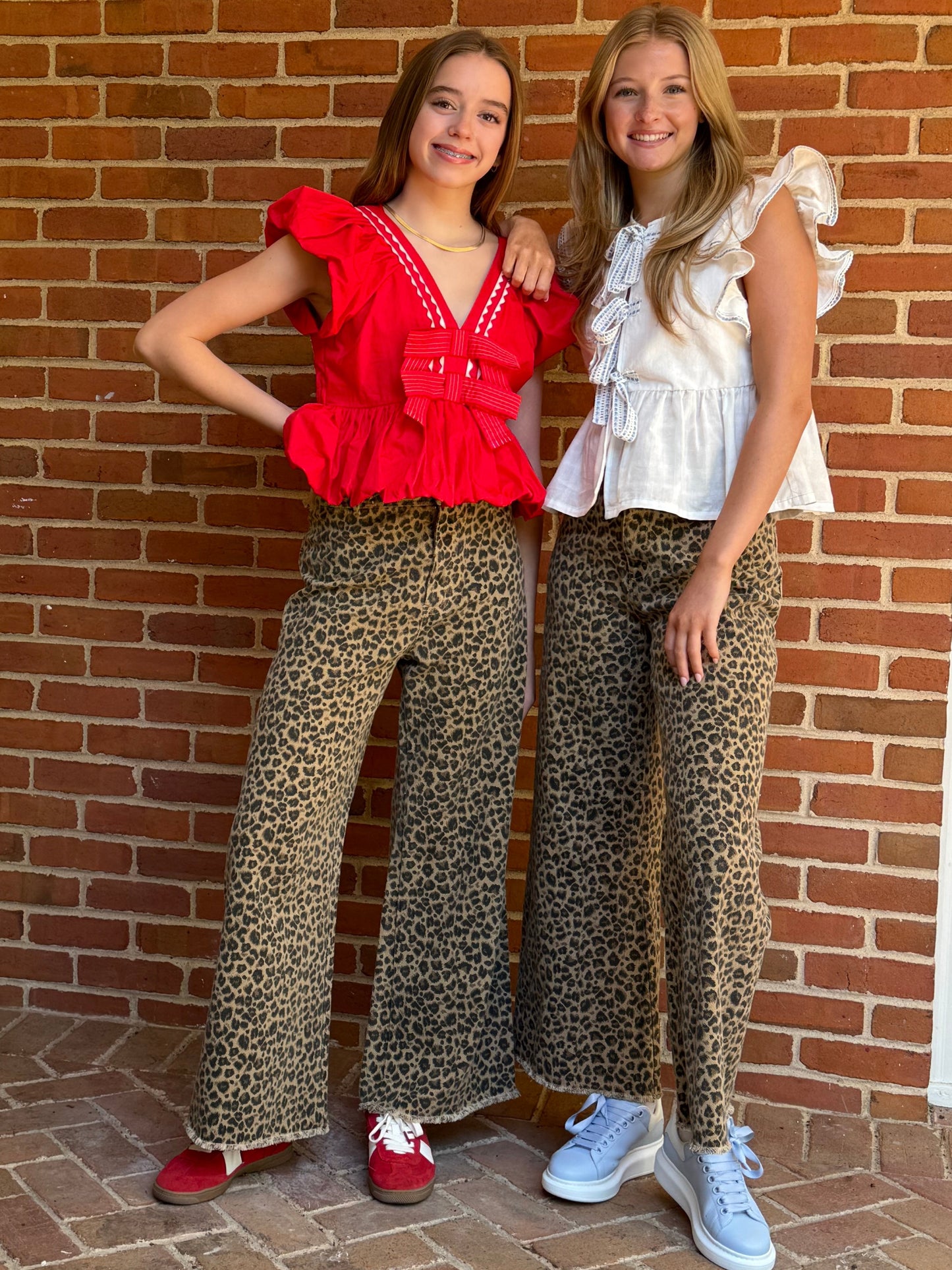 Mid Rise Leopard Twill Denim Frayed Hem Wide Leg Pant by So Me
