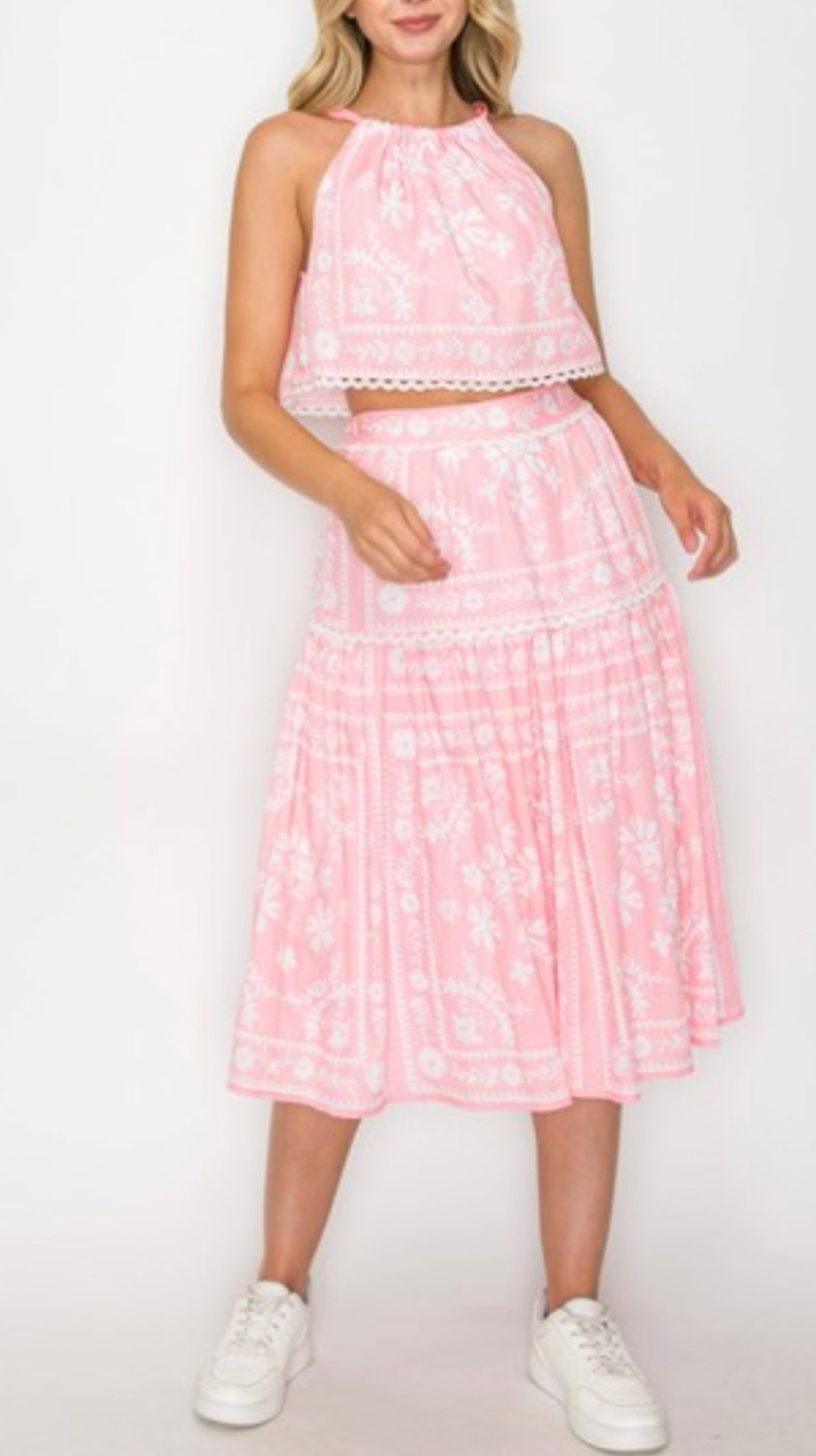 Pink Placement Print Halter Top and Skirt Set by Love Wednesday