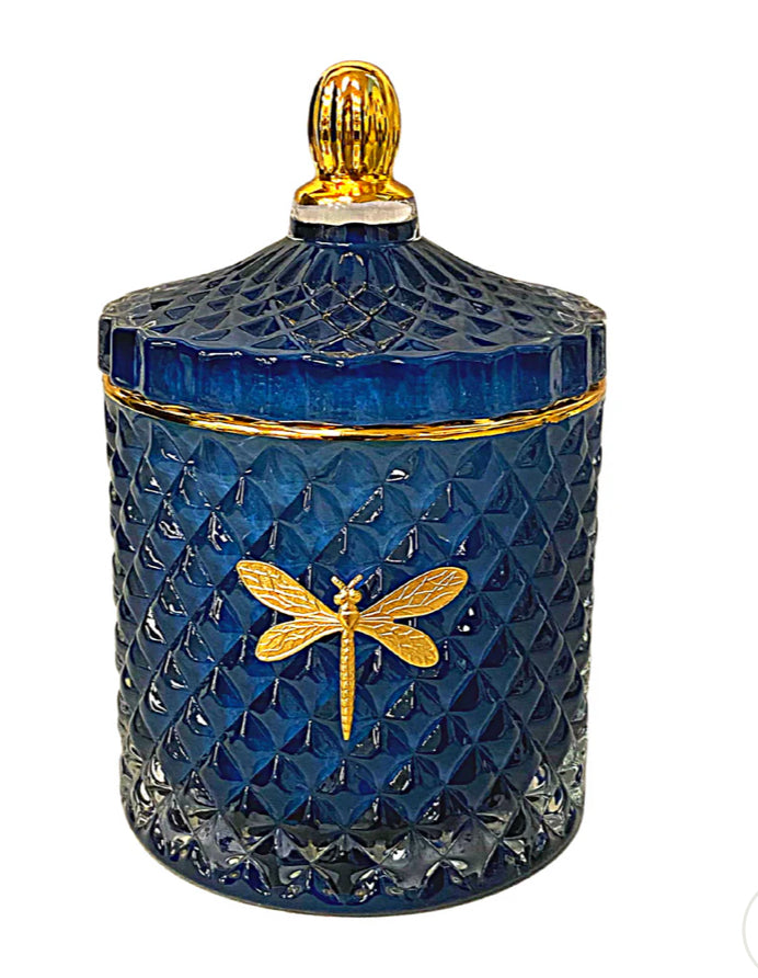 DRAGONFLY-Bella Candle Blue & Gold. 8oz. Fragrance: Pear + Water Lily