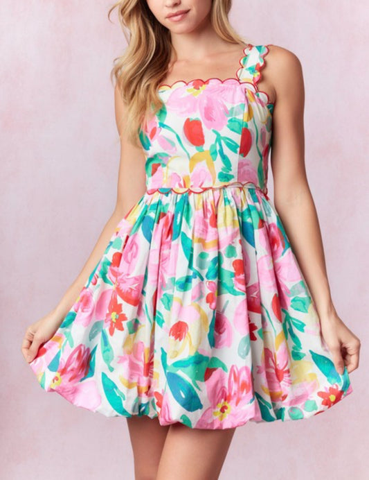 SCALLOPED FLORAL BUBBLE HEM MINI DRESS by Peach Love