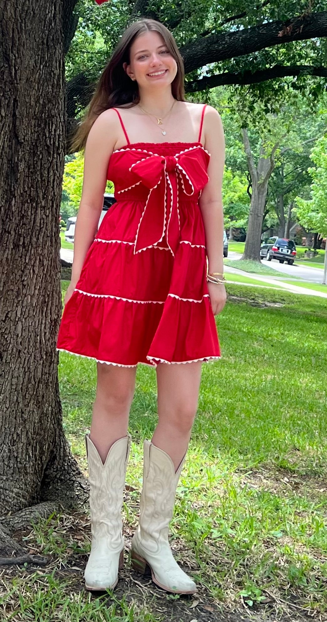 RED DRESS RIC RAC TRIM WITH FRONT BOW by Peach Love