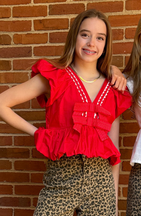 COTTON POPLIN RIC RAC TRIM DETAIL BUBBLE HEM CROP TOP WITH BOWS by Peach Love