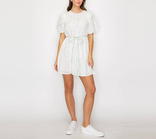 Cotton Eyelet Mini Dress with Print Staping Detail and Rope Belt by Love Wednesday
