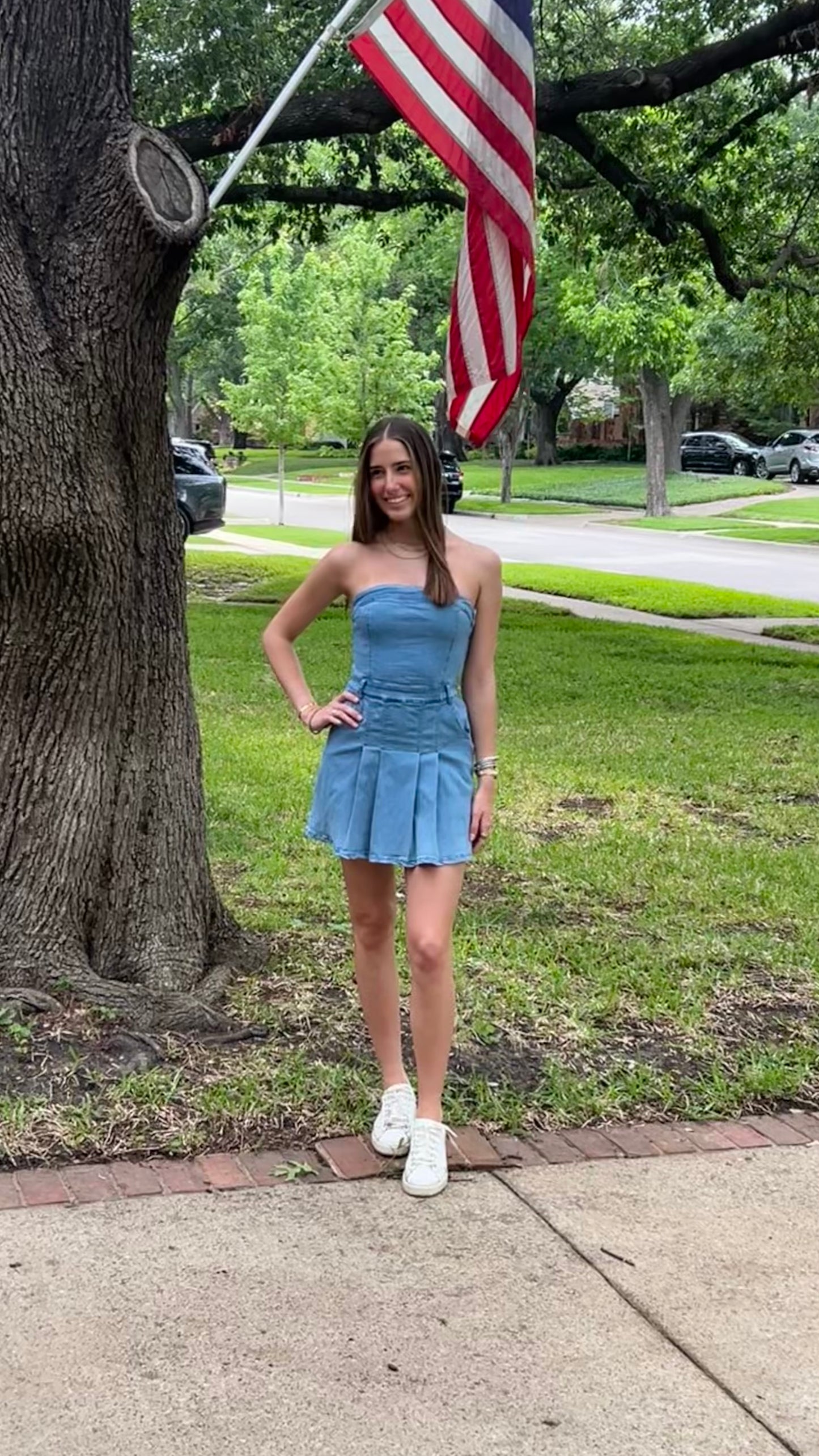 STRAPLESS DENIM MINI DRESS WITH PLEATS by Day+ Moon