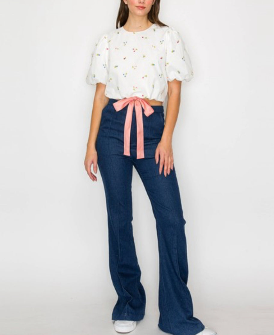 Embroidery Cotton Top with Bow Detail on Waist by Love Wednesday