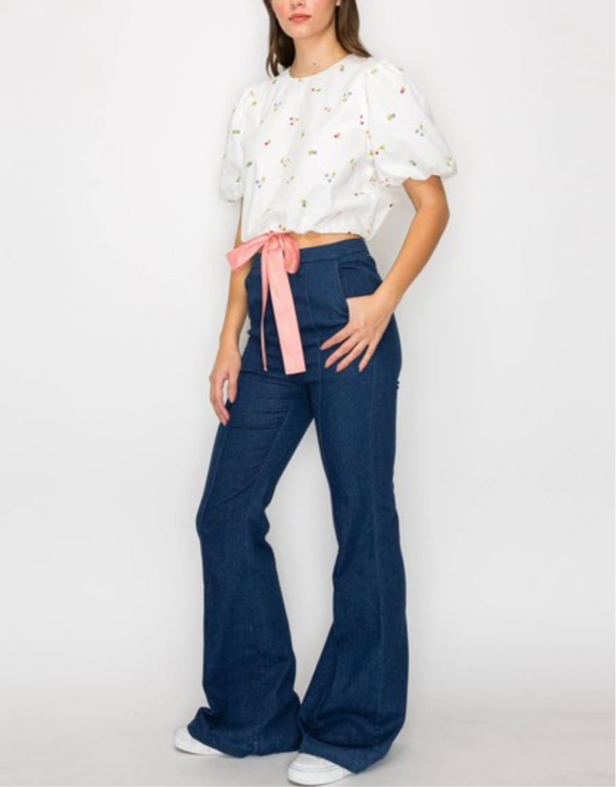Embroidery Cotton Top with Bow Detail on Waist by Love Wednesday